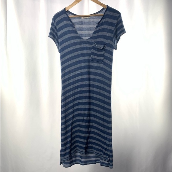 Bella Dahl Short Sleeve Ripped V Neck Tee Dress‎ in Blue Stripe Size XS - Picture 1 of 4